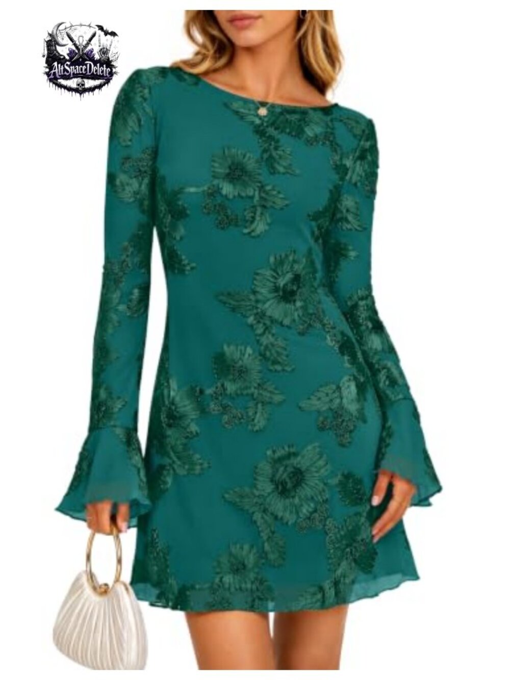 Floral Mesh Mini Dress Ruffled Long Sleeve Boat Neck Bodycon Cocktail